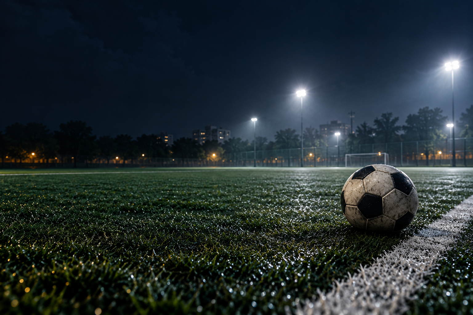 Illustrative floodlit football pitch with a ball at the touchline